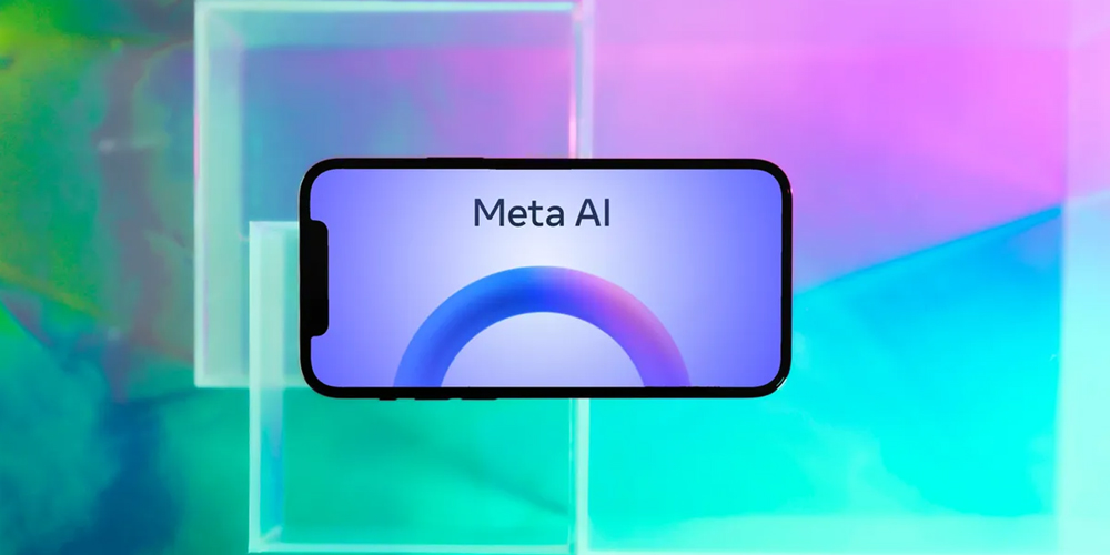 Meta AI logo on a horizontal mobile phone with a colourful background on Grammatik's top tech blog